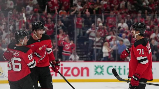 Devils score season-opening win over Flyers on Jack Hughes' OT goal (NHL). Photo by Ed Mulholland