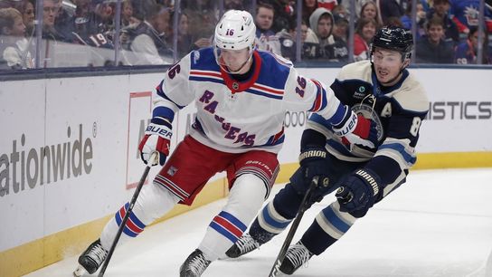 Kent Johnson tallies in OT as Blue Jackets blank Rangers  (NHL). Photo by Russell LaBounty