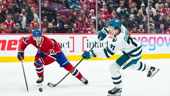 Macklin Celebrini scores twice, Sharks rally past Canadiens in OT (NHL). Photo by David Kirouac